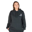 Frau trägt dunkelgrünen Hoodie mit Krombacher-Logo auf der Brust und einer Kapuze