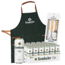 Grüner Krombacher-Schürze mit braunen Trägern, 24er-Pack Krombacher Pils-Dosen und Grillbesteck-Set in Verpackung