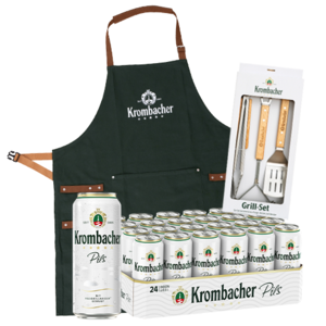 Grüner Krombacher-Schürze mit braunen Trägern, 24er-Pack Krombacher Pils-Dosen und Grillbesteck-Set in Verpackung