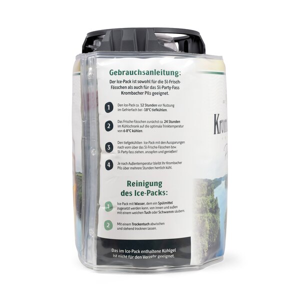 Rechteckiger Ice-Pack mit Gebrauchsanleitung und Reinigungshinweisen auf der Vorderseite