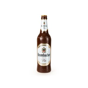 Krombacher Pils Bierflasche aus Schokolade, 0,5 Liter, mit weißem Etikett und goldenen Akzenten.