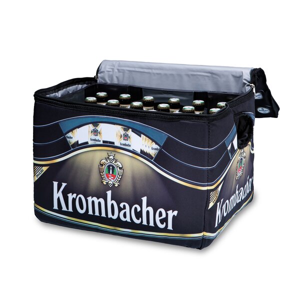 Krombacher Bierkastenkühltasche mit geöffnetem Deckel, gefüllt mit Bierflaschen