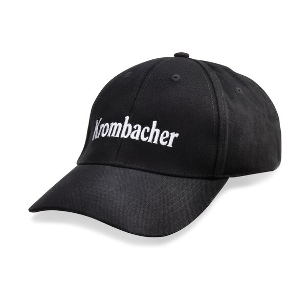 Schwarze Baseballkappe mit weißem Krombacher Schriftzug.