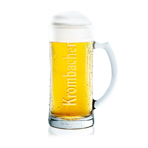 Krombacher Pils im exklusiven Seidel-Glas mit Logo-Gravur.