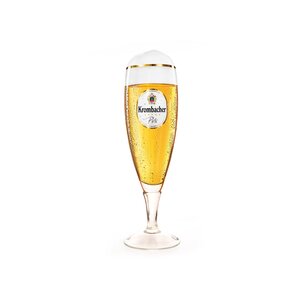 2 Liter Meisterpokal mit Krombacher Logo auf Vorder- und Rückseite. Schlankes, hohes 2L Meisterpokal Glas mit goldener Randverzierung, Krombacher Pils Logo.