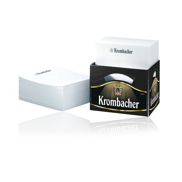 Originelle Notizzettelbox in der Form und im Design eines Krombacher Bierkastens.