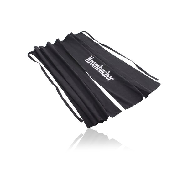 Schwarze Bistroschürze mit weißem Krombacher Schriftzug.