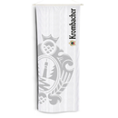 Bannerfahne mit Krombacher-Logo und Wappen-Design im Hintergrund in Grau auf Weiß.