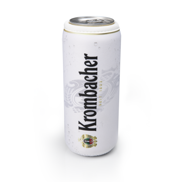 Weiße Krombacher Bierdose mit schwarzem Schriftzug 'Krombacher seit 1803' und Wappen unten.