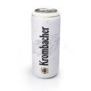 Weiße Krombacher Bierdose mit schwarzem Schriftzug 'Krombacher seit 1803' und Wappen unten.