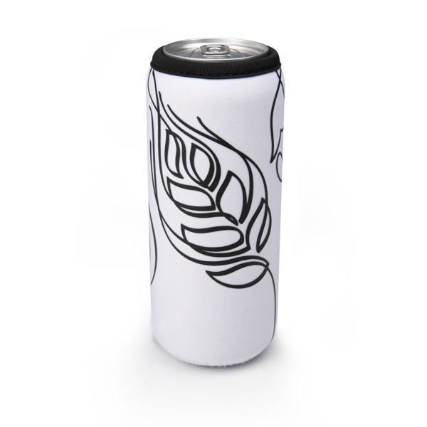 weißer Dosenkühler mit schwarzem Line-Art-Design, hält Getränkedose kalt.