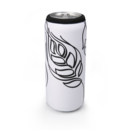 weißer Dosenkühler mit schwarzem Line-Art-Design, hält Getränkedose kalt.